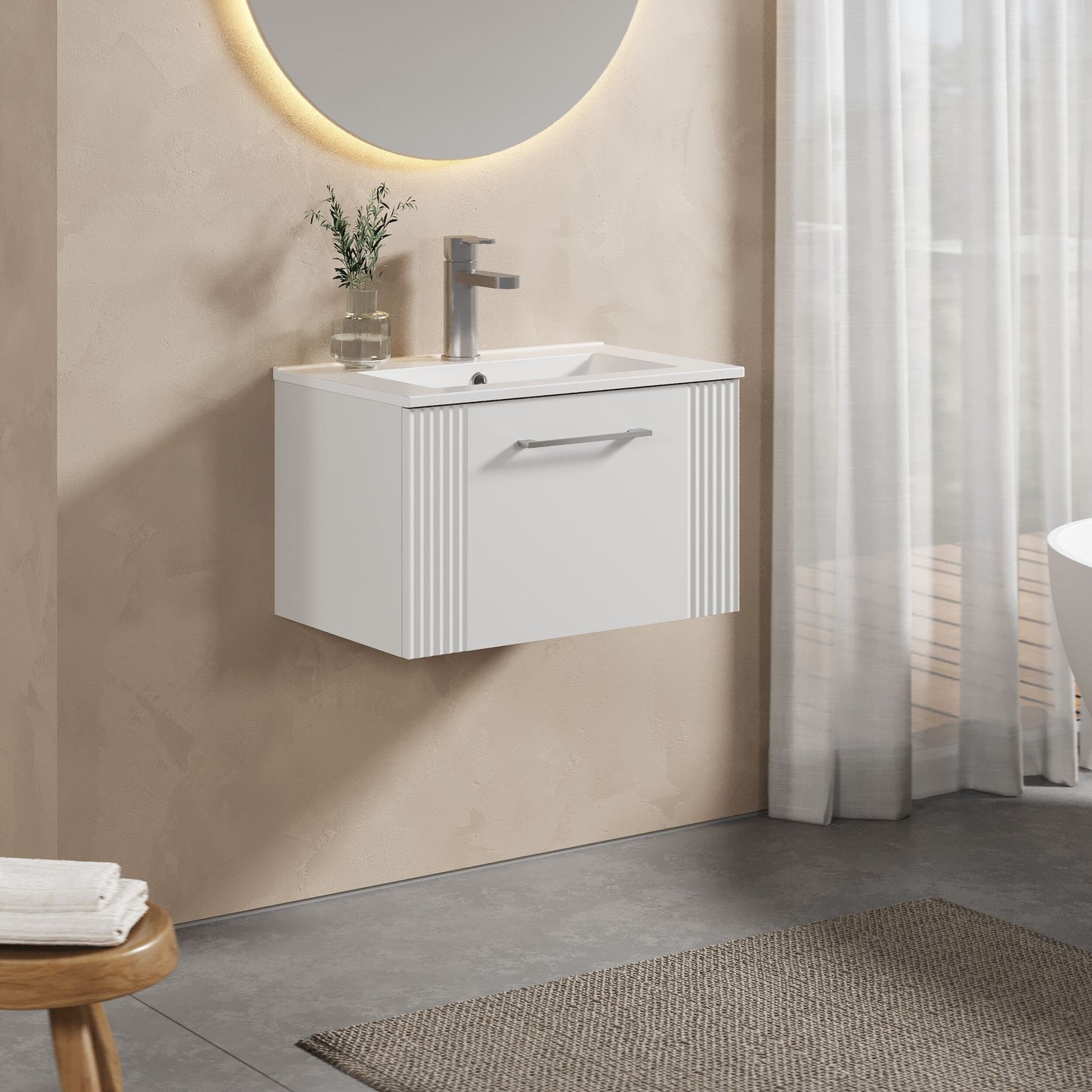 [BFPF194B] Partial Fluted 1 Drawer Wall Hung Vanity Unit with 1 Tap Hole Minimalist Basin - 600mm - Satin White - Lifestyle 3