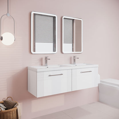 [BFPF194C] Partial Fluted 2 Drawer Wall Hung Vanity Unit with Double Polymarble Basin - 1200mm - Satin White - Lifestyle 3