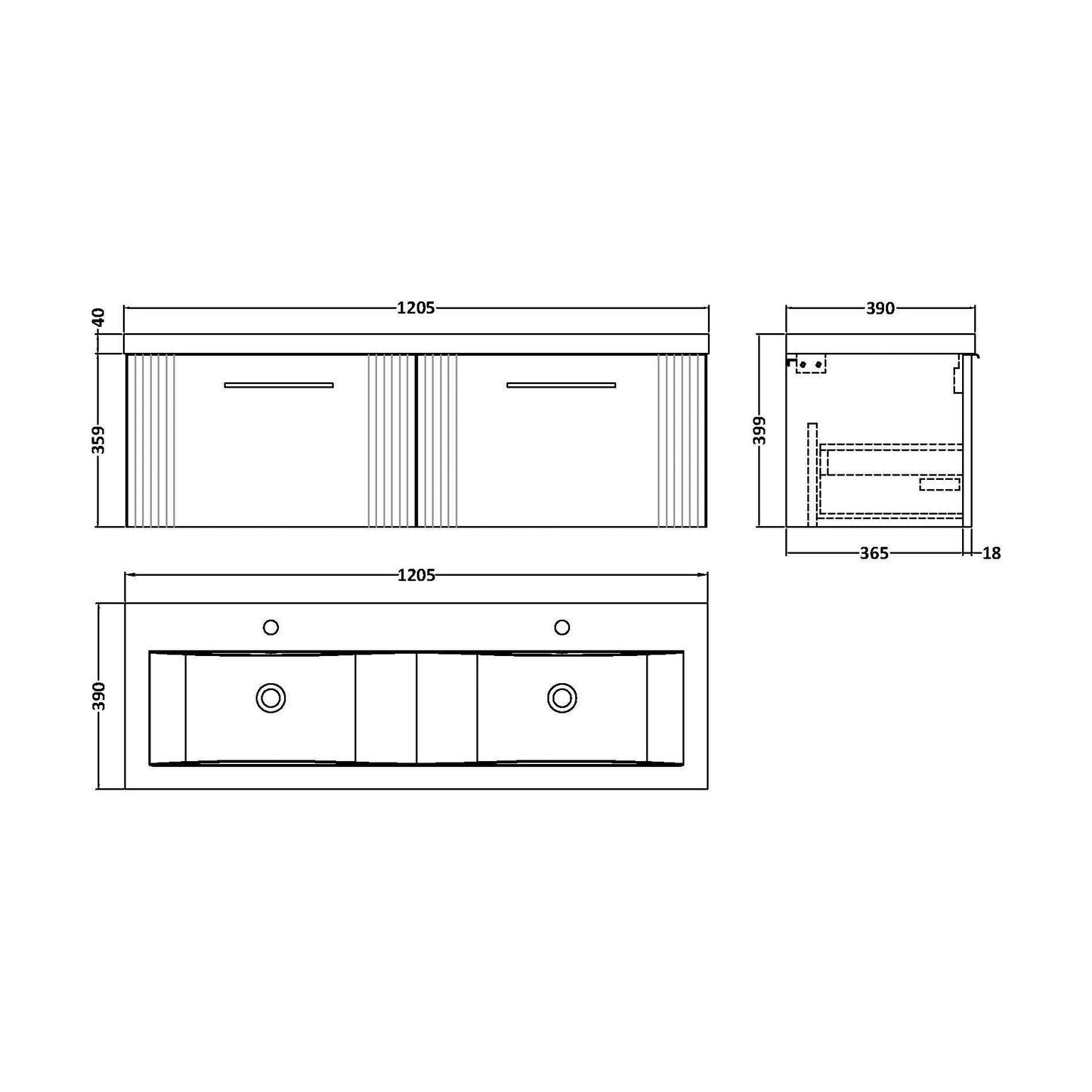 [BFPF194F] Partial Fluted 2 Drawer Wall Hung Vanity Unit with Double Ceramic Basin - 1200mm - Satin White - Technical Drawing