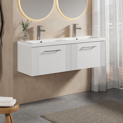 [BFPF194F] Partial Fluted 2 Drawer Wall Hung Vanity Unit with Double Ceramic Basin - 1200mm - Satin White - Lifestyle 3