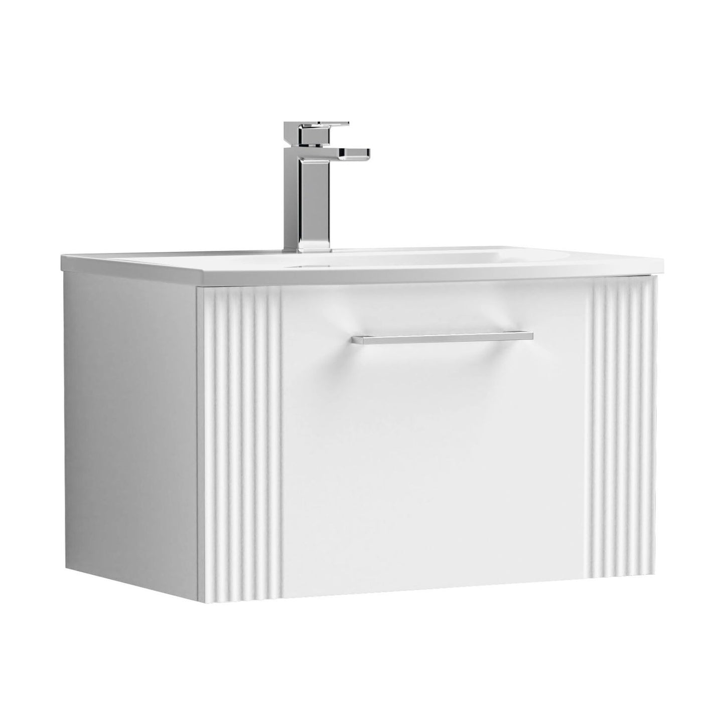 [BFPF194G] Partial Fluted 1 Drawer Wall Hung Vanity Unit with 1 Tap Hole Curved Basin- 600mm - Satin White - Cutout