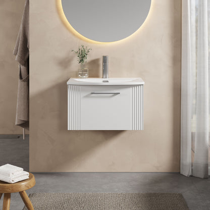 [BFPF194G] Partial Fluted 1 Drawer Wall Hung Vanity Unit with 1 Tap Hole Curved Basin- 600mm - Satin White - Lifestyle 1