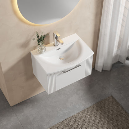 [BFPF194G] Partial Fluted 1 Drawer Wall Hung Vanity Unit with 1 Tap Hole Curved Basin- 600mm - Satin White - Lifestyle 2