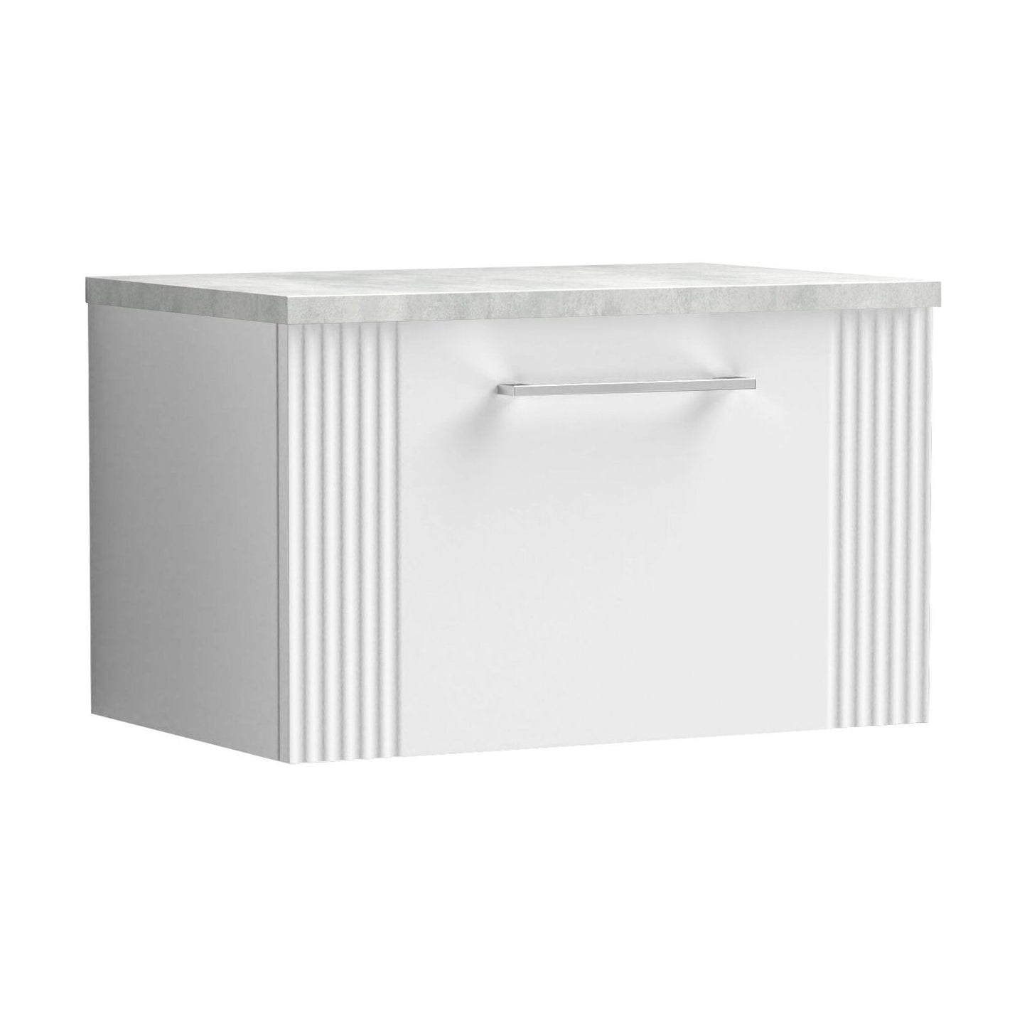 [BFPF194LBG] Partial Fluted 1 Drawer Wall Hung Vanity Unit with Bellato Grey Laminate Worktop - 600mm - Satin White - Cutout