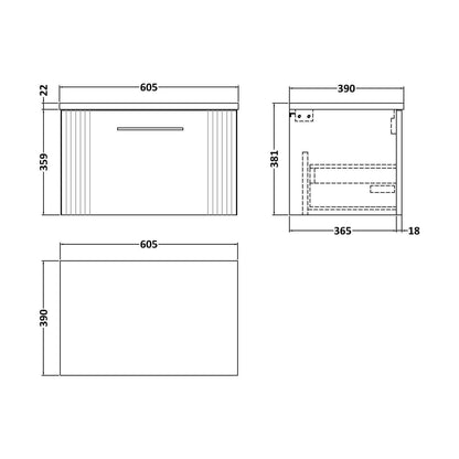 [BFPF194LBG] Partial Fluted 1 Drawer Wall Hung Vanity Unit with Bellato Grey Laminate Worktop - 600mm - Satin White - Technical Drawing