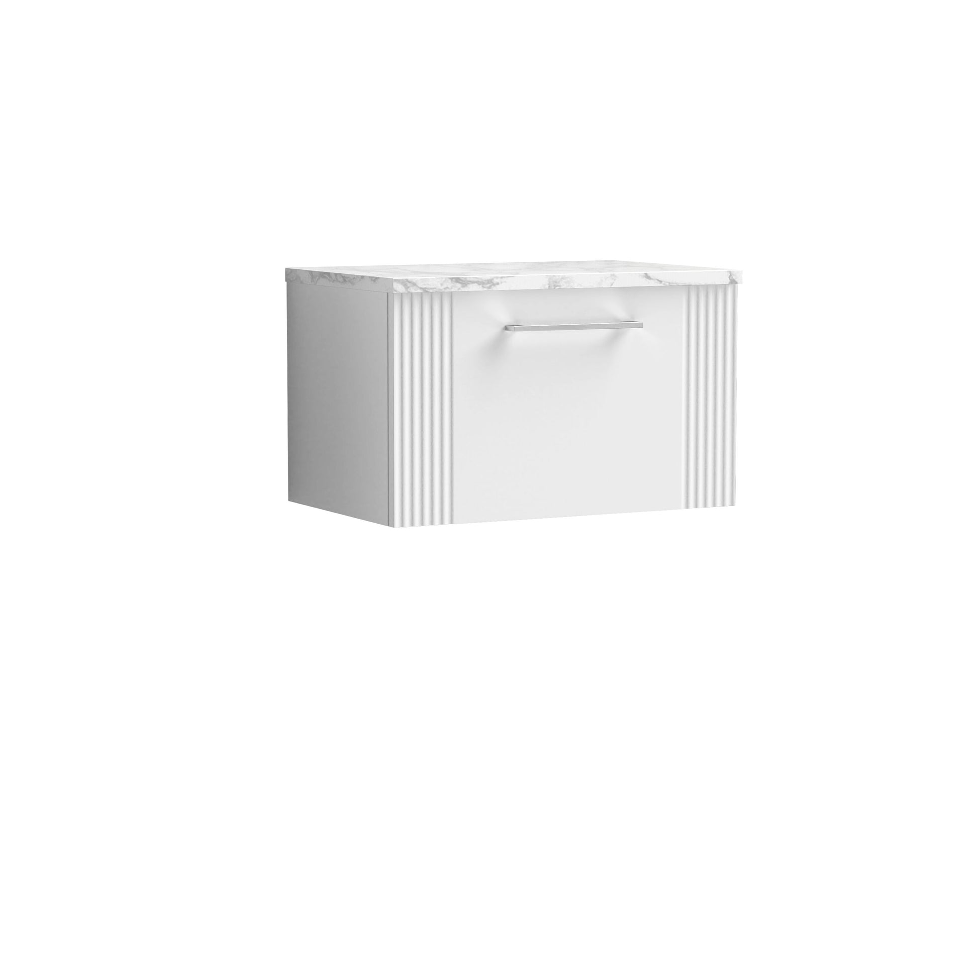 [BFPF194LCM] Belvide Retro Partial Fluted 1 Drawer Wall Hung Vanity Unit with Carrera Marble Laminate Worktop, Choice of Size and Colour - Cutout