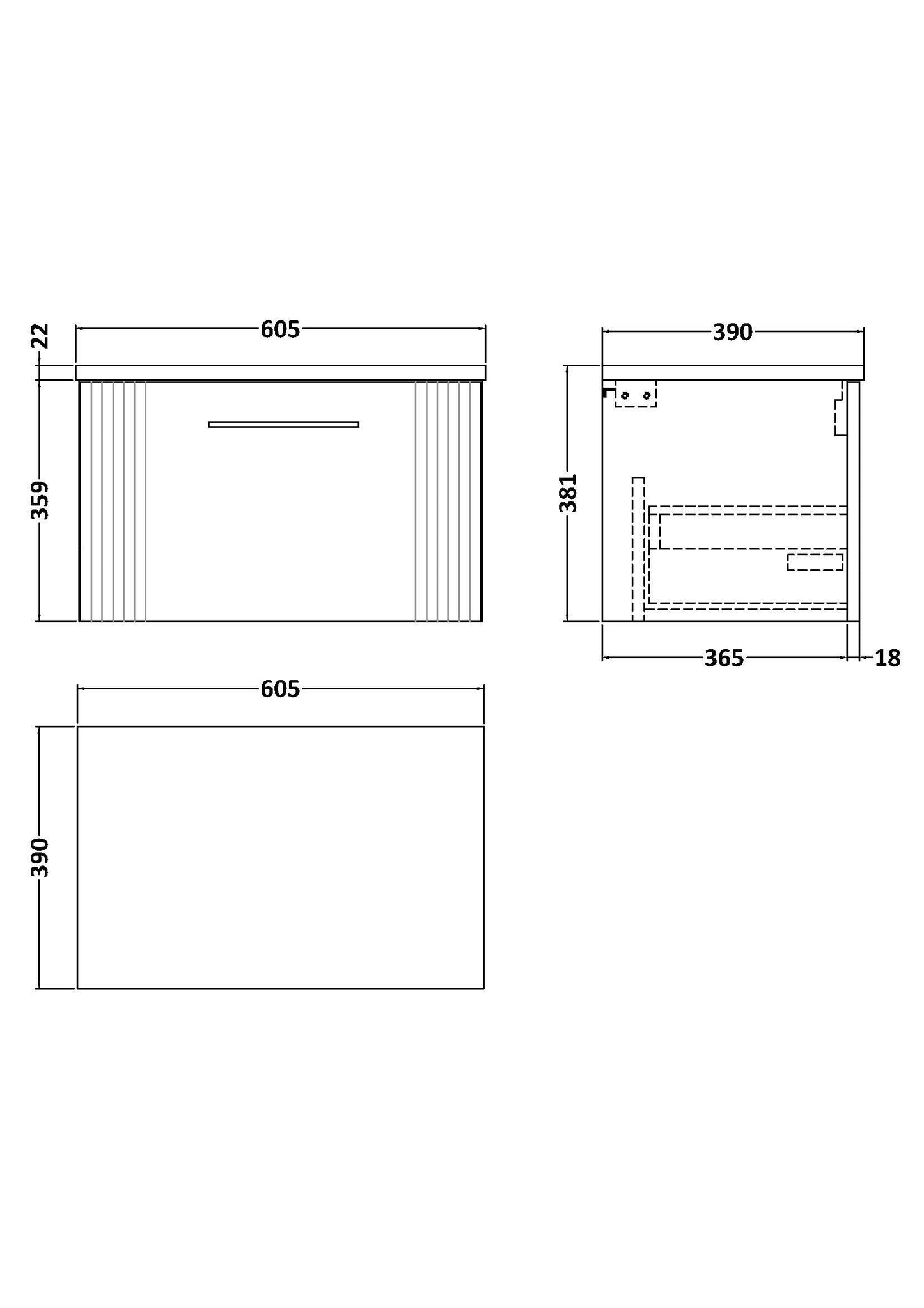 [BFPF194LCM] Belvide Retro Partial Fluted 1 Drawer Wall Hung Vanity Unit with Carrera Marble Laminate Worktop, Choice of Size and Colour - Line Drawing
