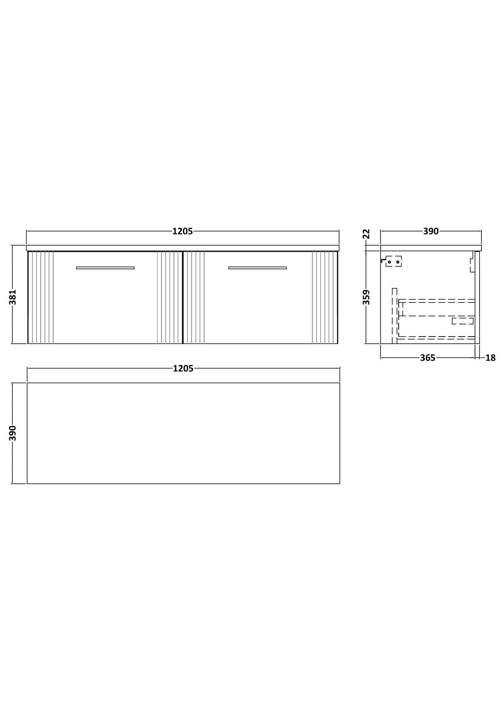 [BFPF194LSB2] Belvide Retro Partial Fluted 1 Drawer Wall Hung Vanity Unit with Sparkling Black Laminate Worktop, Choice of Colour - Line Drawing