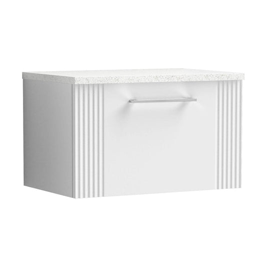 [BFPF194LSW] Partial Fluted 1 Drawer Wall Hung Vanity Unit with Sparkling White Laminate Worktop - 600mm - Satin White - Cutout
