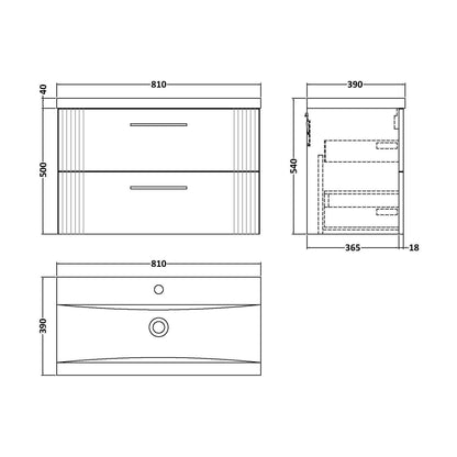 [BFPF195A] Belvide Partial Fluted 2 Drawer Wall Hung Vanity Unit with Mid-Edge 1 Tap Hole Ceramic Basin - Technical Drawing