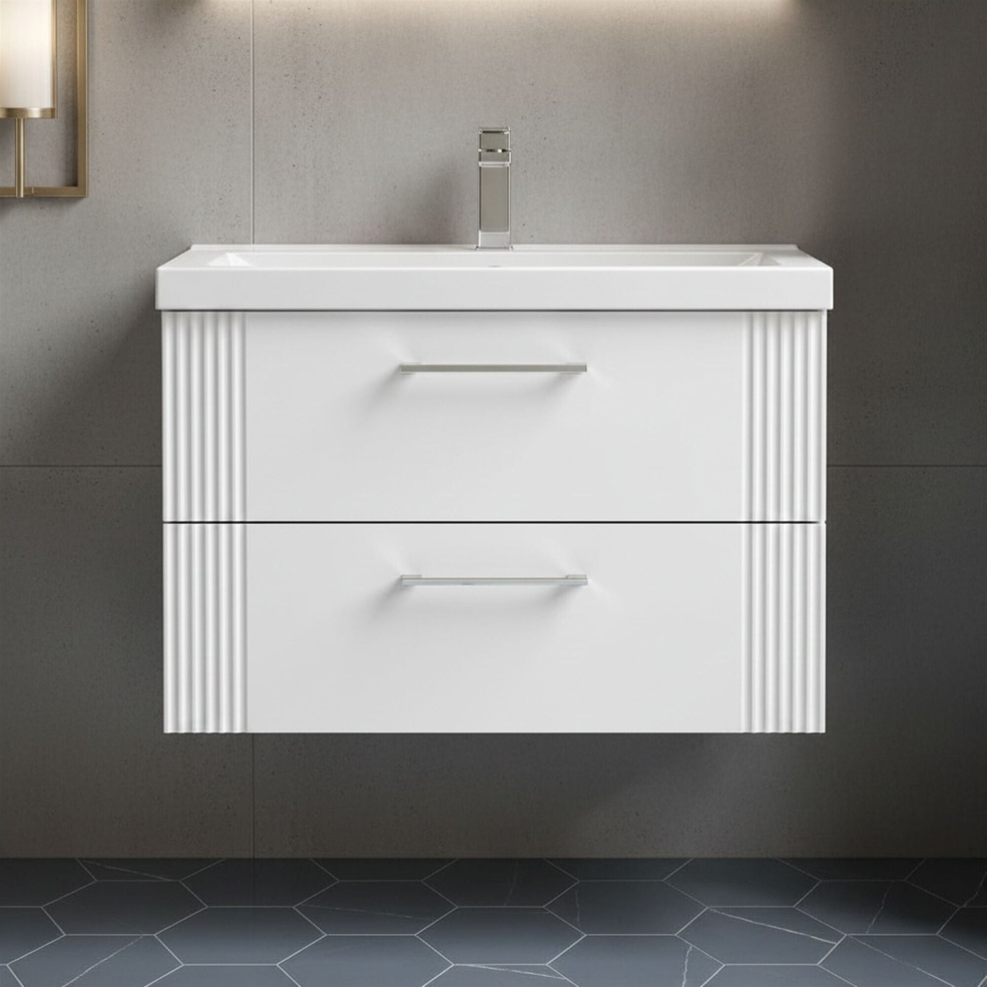 [BFPF195A] Belvide Partial Fluted 2 Drawer Wall Hung Vanity Unit with Mid-Edge 1 Tap Hole Ceramic Basin - Silo