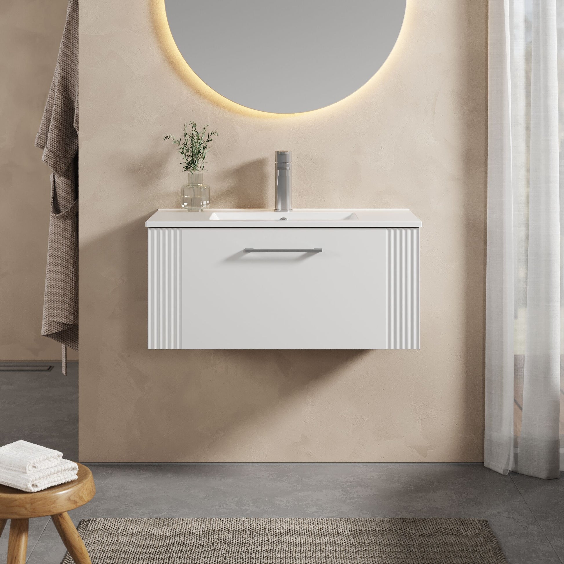 [BFPF196B] Partial Fluted 1 Drawer Wall Hung Vanity Unit with 1 Tap Hole Minimalist Basin - 800mm - Satin White - Lifestyle 1