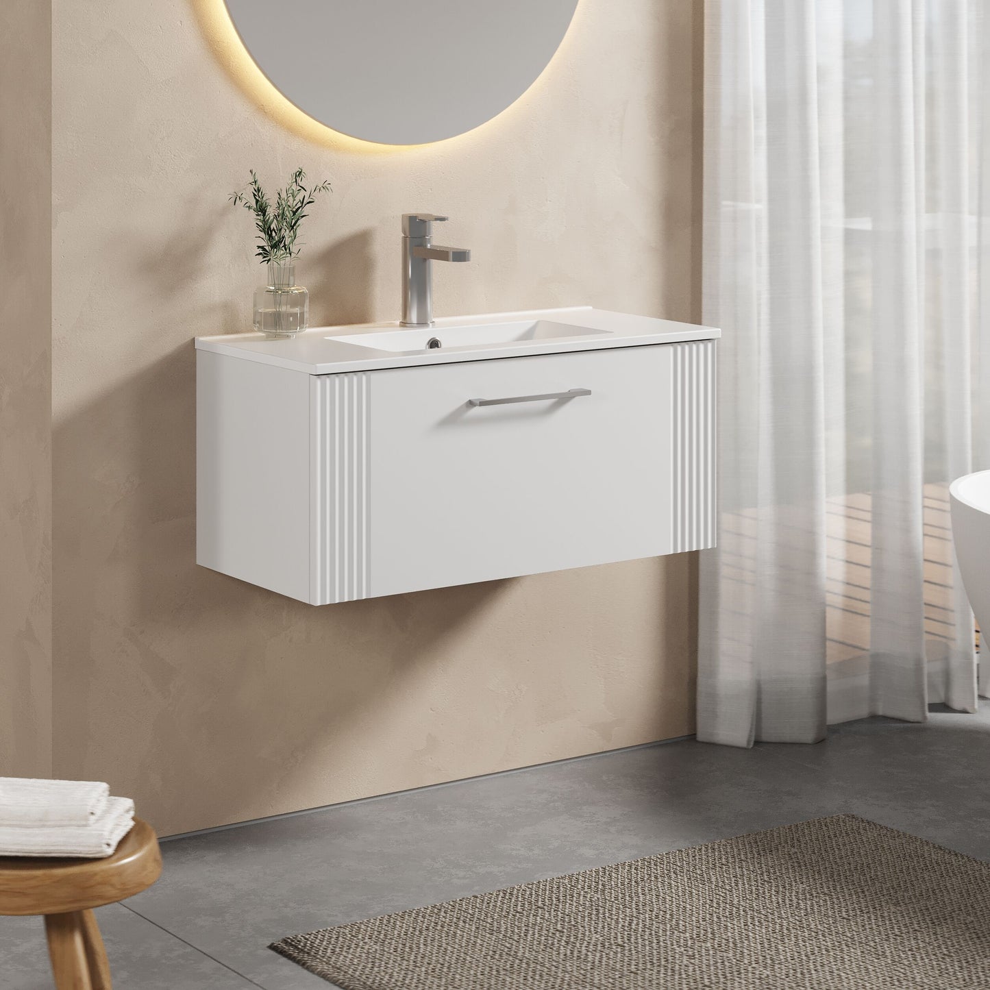 [BFPF196B] Partial Fluted 1 Drawer Wall Hung Vanity Unit with 1 Tap Hole Minimalist Basin - 800mm - Satin White - Lifestyle 3