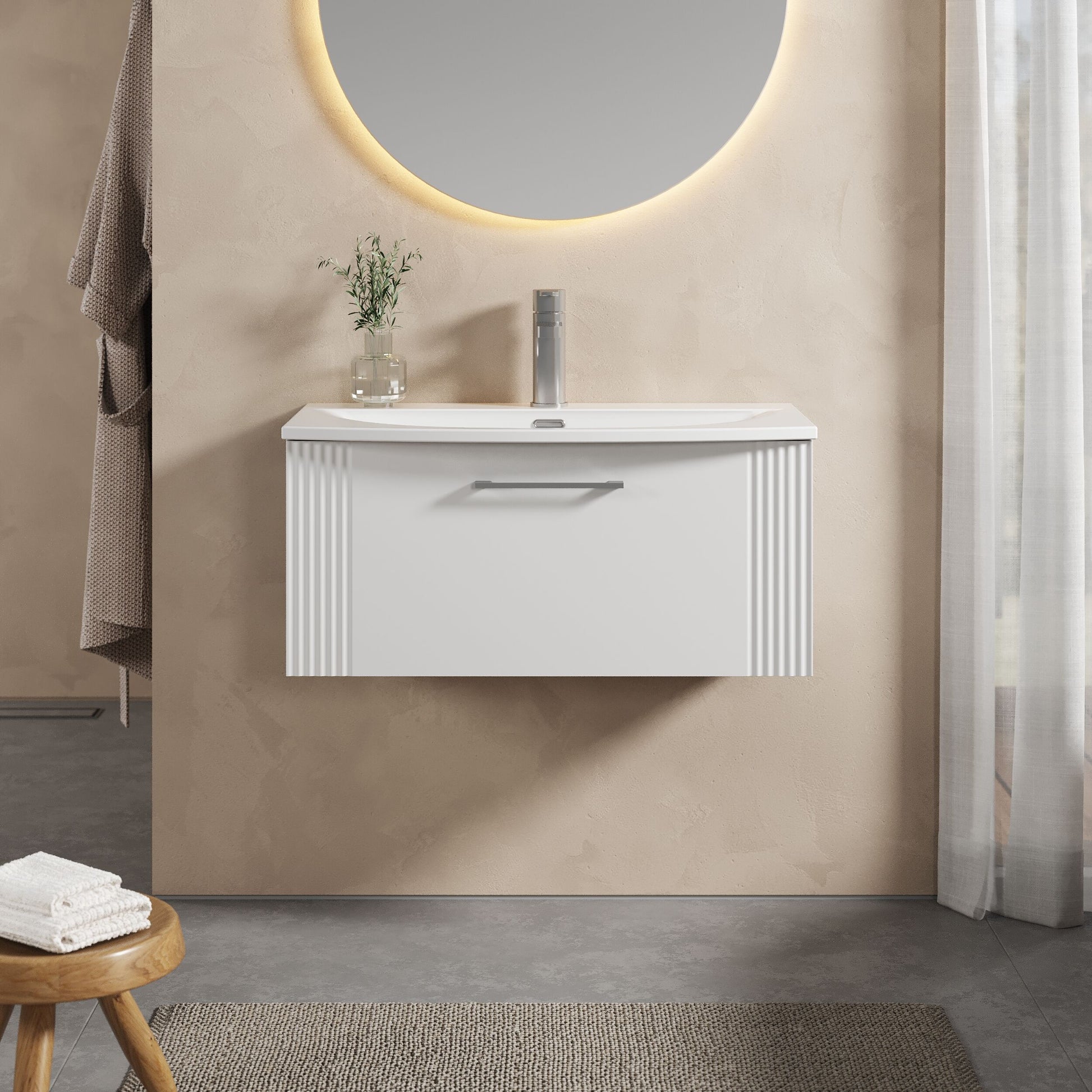 [BFPF196G] Partial Fluted 1 Drawer Wall Hung Vanity Unit with 1 Tap Hole Curved Basin- 800mm - Satin White - Lifestyle 1