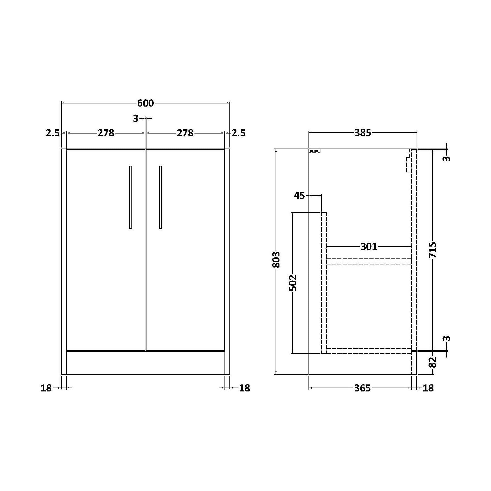 [BFPF2203] Winshill Floor Standing Vanity Unit - 600mm - Technical Drawing