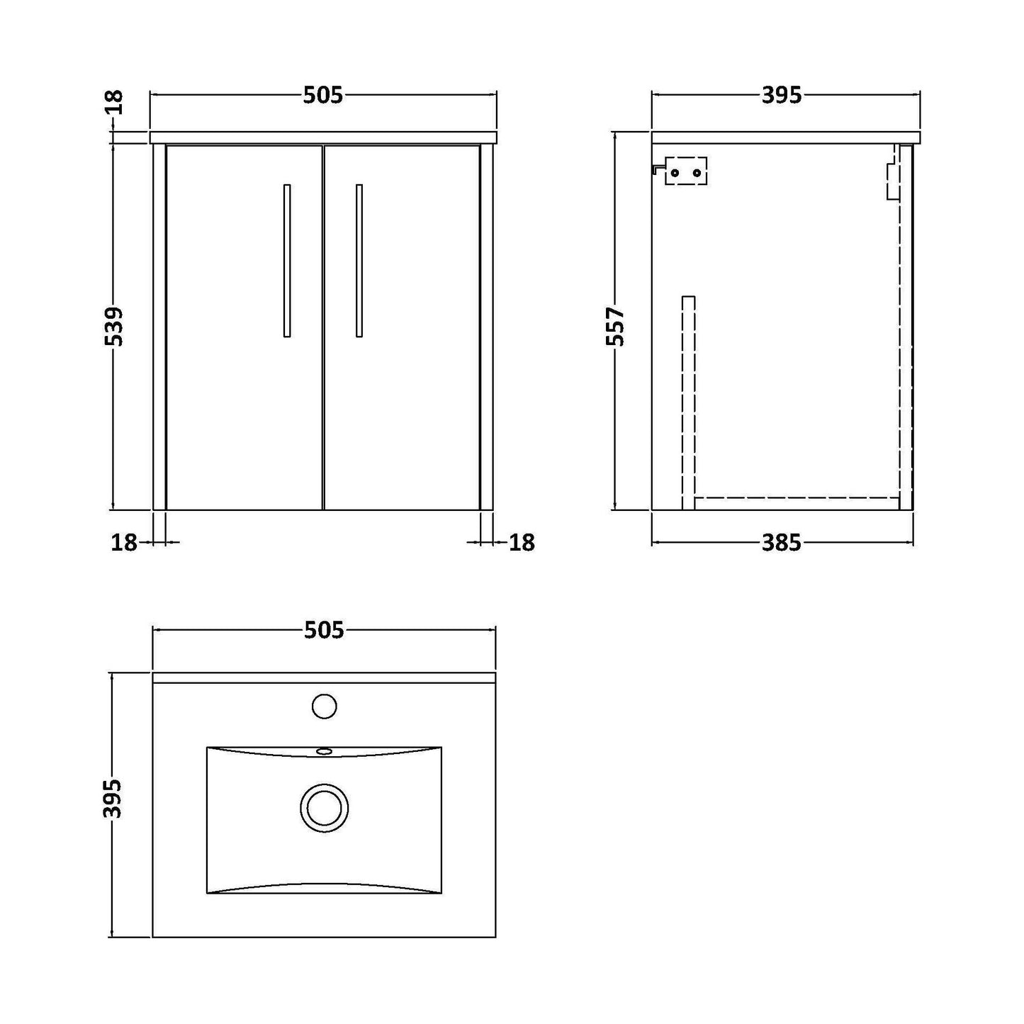 [BFPF2221B] Winshill Contemporary 2 Door Wall Hung Vanity Unit with Minimalist Basin, Woodgrain Dark Grey, 500mm - Technical Drawing
