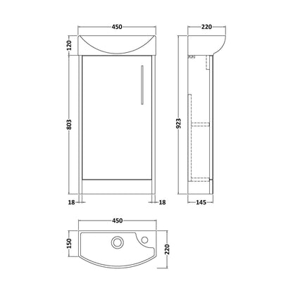 [BFPF2221L] Winshill Contemporary 1 Door Left-Hand Floor Standing Cloakroom Vanity Unit with Basin, Woodgrain Dark Grey, 440mm - Technical Drawing