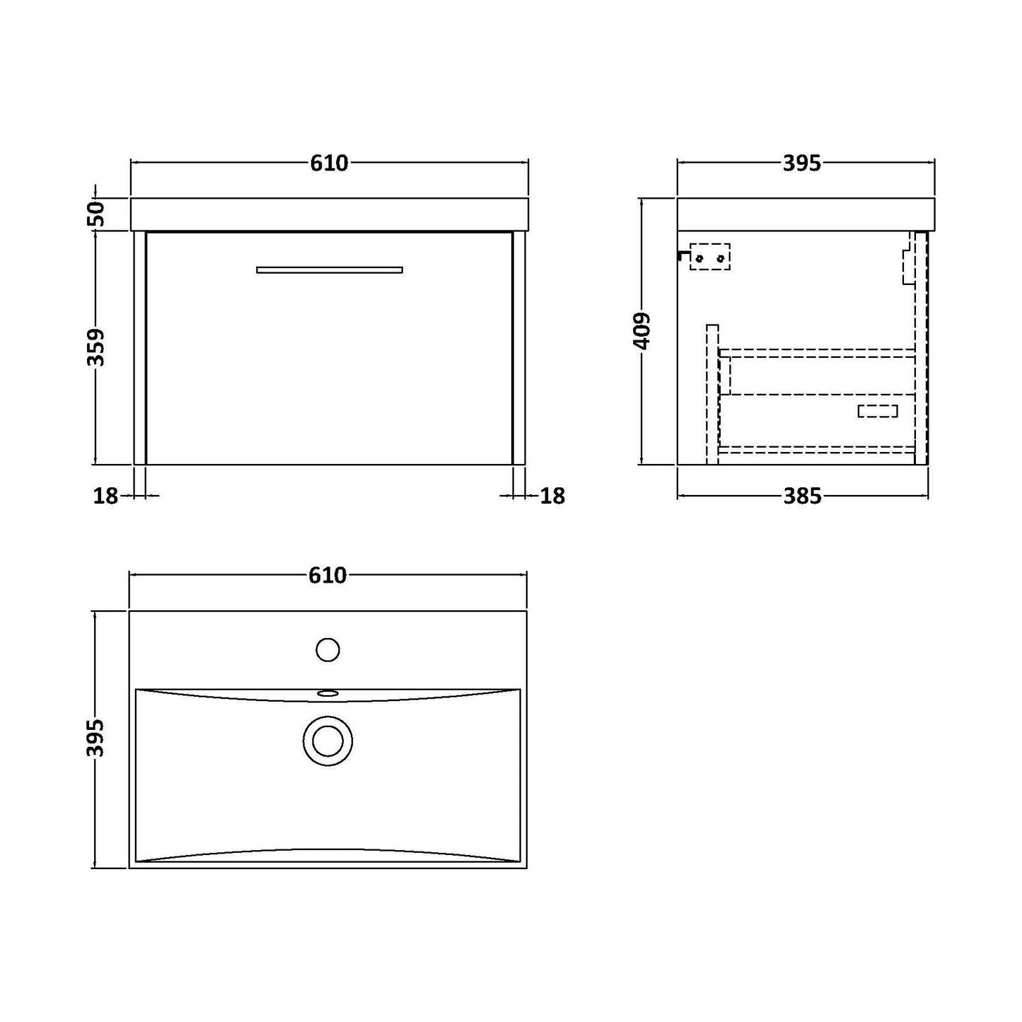 [BFPF2222D] Winshill Contemporary 1 Drawer Wall Hung Vanity Unit with Thin Edge Basin, Woodgrain Dark Grey, 600mm - Technical Drawing