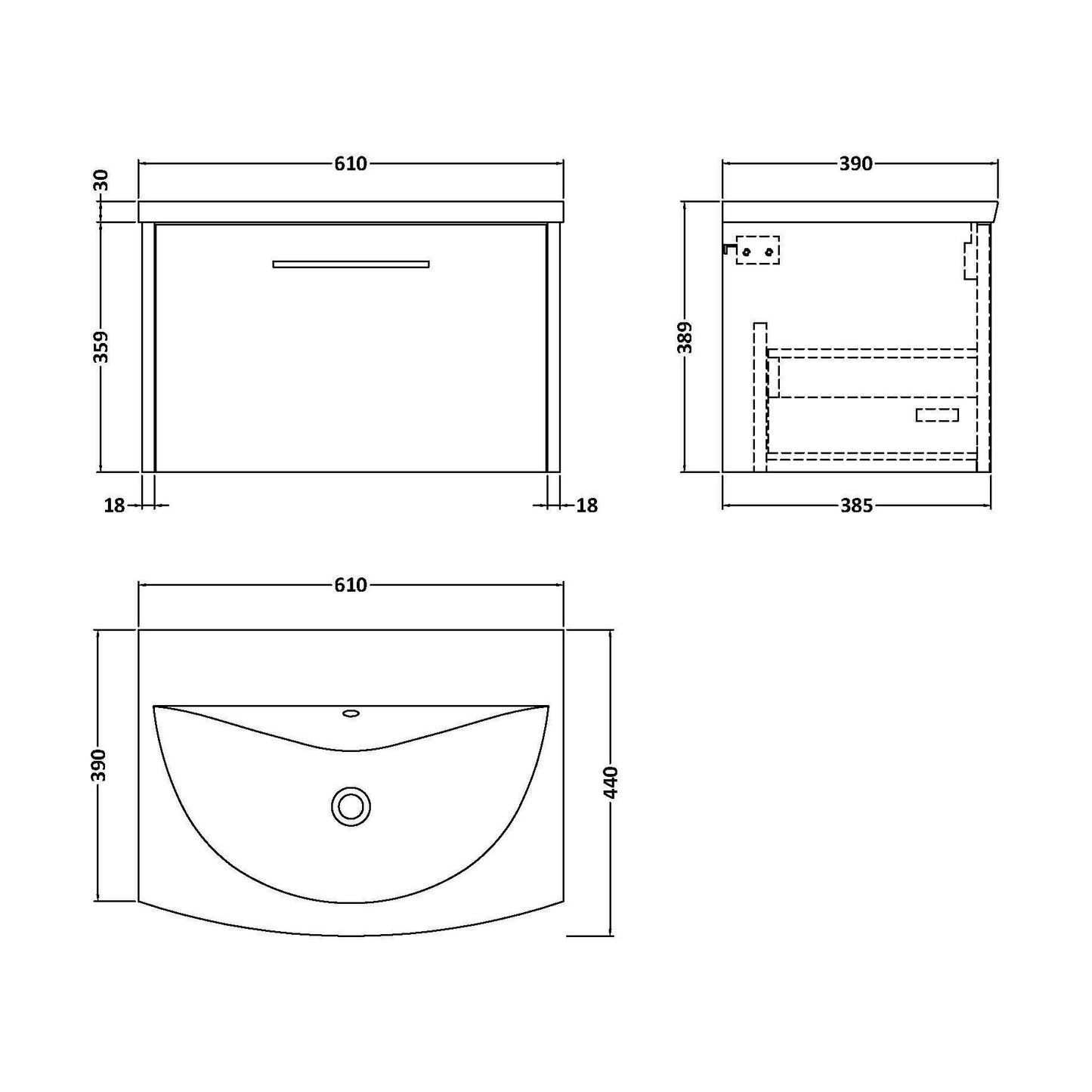 [BFPF2222G] Winshill Contemporary 1 Drawer Wall Hung Vanity Unit with Curved Basin, Woodgrain Dark Grey, 600mm - Technical Drawing