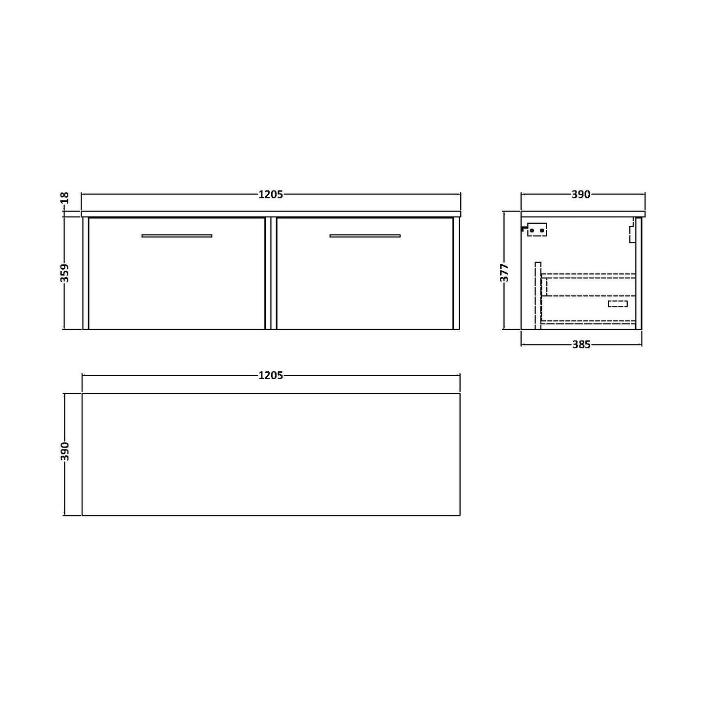 [BFPF2222W2] Winshill Contemporary 2 Drawer Wall Hung Vanity Unit with Worktop, Woodgrain Dark Grey, 1200mm - Technical Drawing