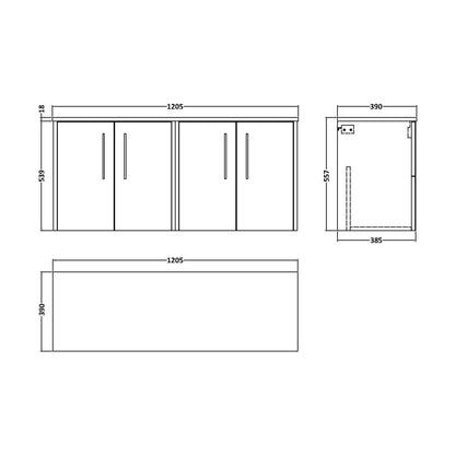 [BFPF2223W2] Winshill Contemporary Wall Hung Vanity Unit with Worktop, Woodgrain Dark Grey, 1200mm - Technical Drawing