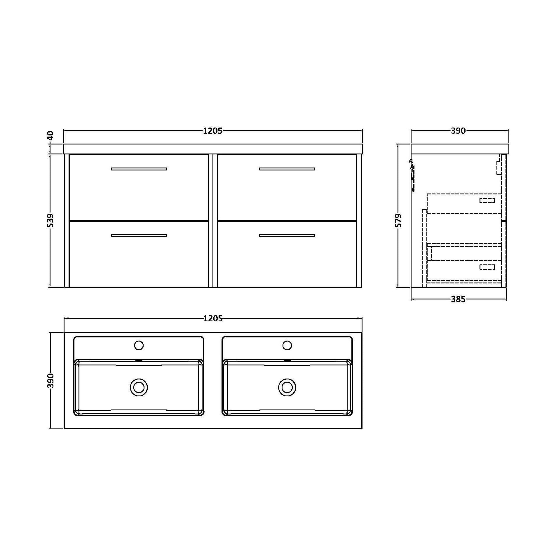 [BFPF2224C] Winshill Contemporary 4 Drawer Wall Hung Vanity Unit with Double Basin, Woodgrain Dark Grey, 1200mm - Technical Drawing
