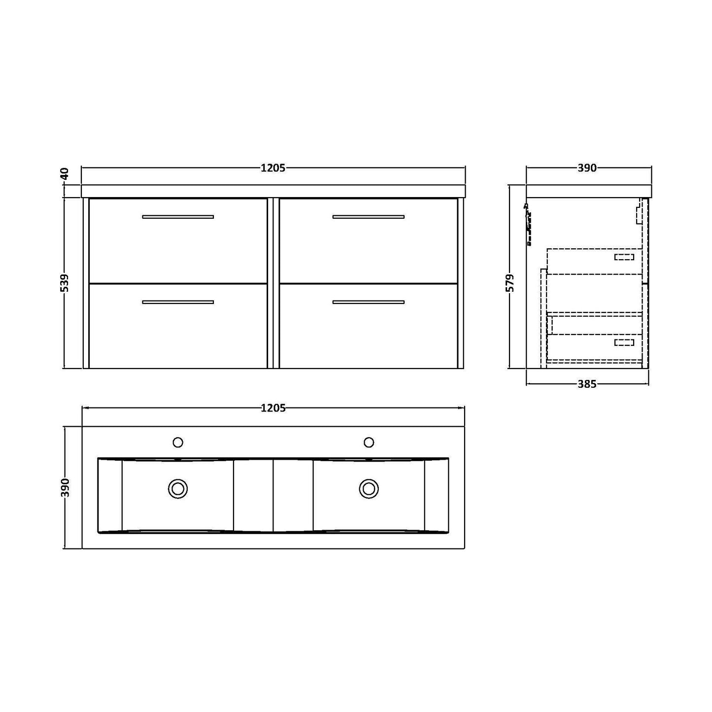 [BFPF2224F] Winshill Contemporary 4 Drawer Wall Hung Vanity Unit with Double Basin, Woodgrain Dark Grey, 1200mm - Technical Drawing
