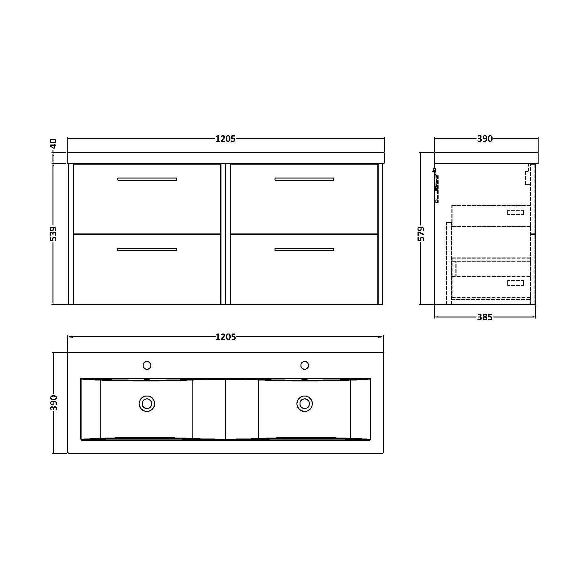 [BFPF2224F] Winshill Contemporary 4 Drawer Wall Hung Vanity Unit with Double Basin, Woodgrain Dark Grey, 1200mm - Technical Drawing