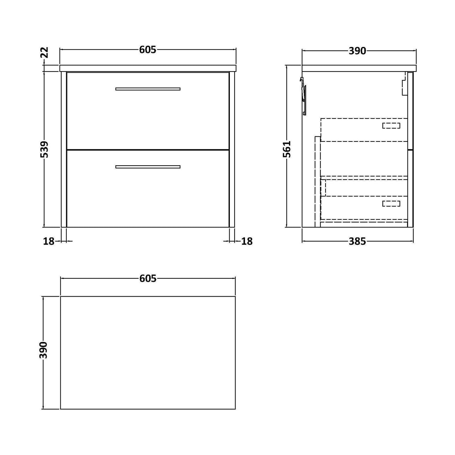 [BFPF2224LBG] Winshill Contemporary 2 Drawer Wall Hung Vanity Unit with Laminate Worktop, Woodgrain Dark Grey, 600mm - Technical Drawing