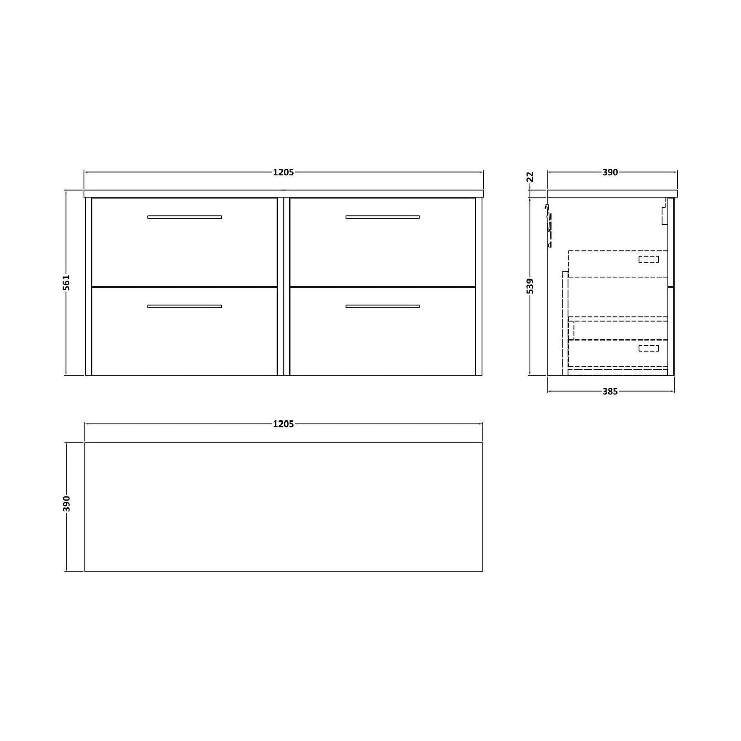 [BFPF2224LCM2] Winshill Contemporary 4 Drawer Wall Hung Vanity Unit with Laminate Worktop, Woodgrain Dark Grey, 1200mm - Technical Drawing