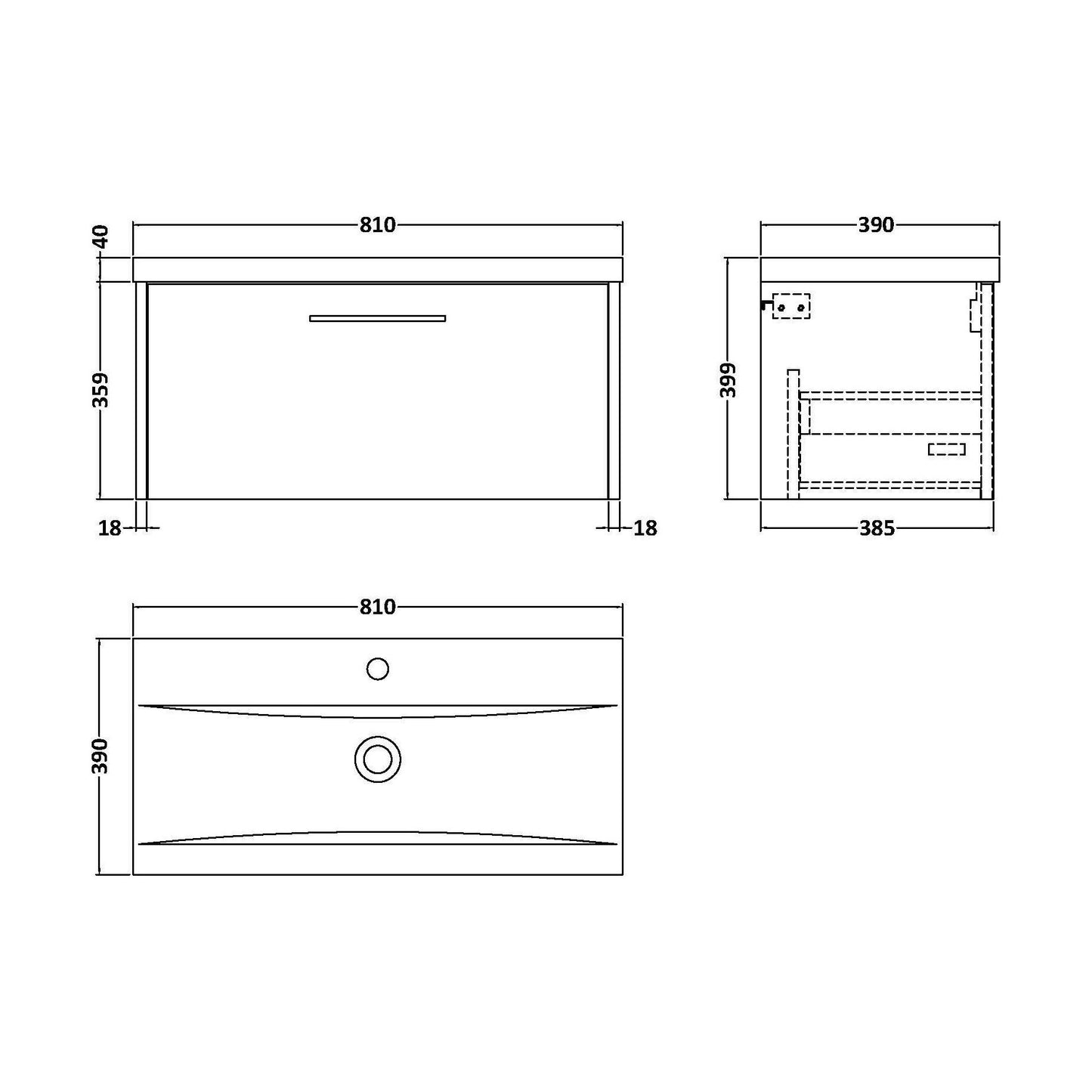 [BFPF2225A] Winshill Contemporary 1 Drawer Wall Hung Vanity Unit with Mid-Edge Basin, Woodgrain Dark Grey, 800mm - Technical Drawing