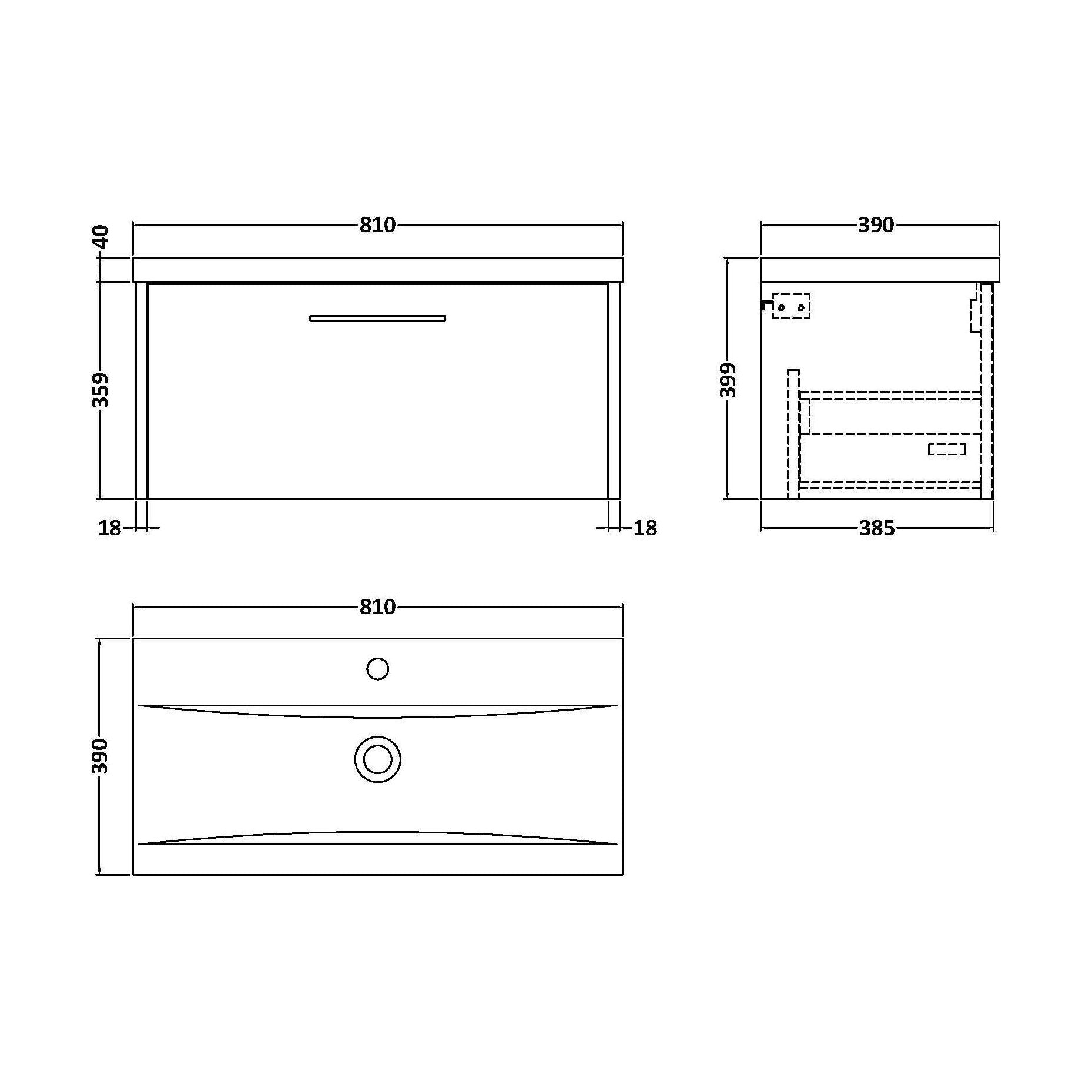 [BFPF2225A] Winshill Contemporary 1 Drawer Wall Hung Vanity Unit with Mid-Edge Basin, Woodgrain Dark Grey, 800mm - Technical Drawing