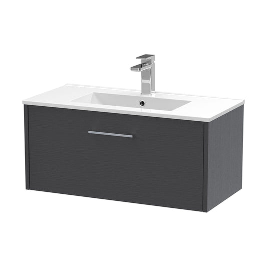[BFPF2225B] Winshill Contemporary 1 Drawer Wall Hung Vanity Unit with Minimalist Basin, Woodgrain Dark Grey, 800mm - Cutout