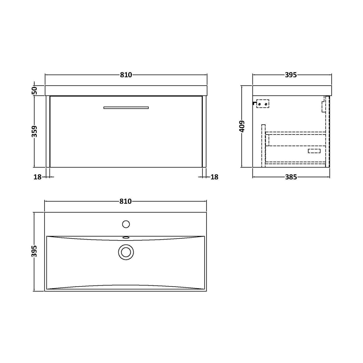 [BFPF2225D] Winshill Contemporary 1 Drawer Wall Hung Vanity Unit with Thin Edge Basin, Woodgrain Dark Grey, 800mm - Technical Drawing