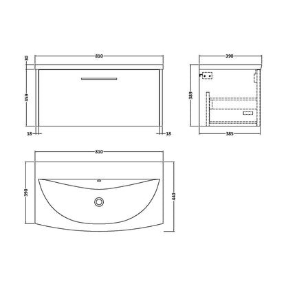 [BFPF2225G] Winshill Contemporary 1 Drawer Wall Hung Vanity Unit with Curved Basin, Woodgrain Dark Grey, 800mm - Technical Drawing