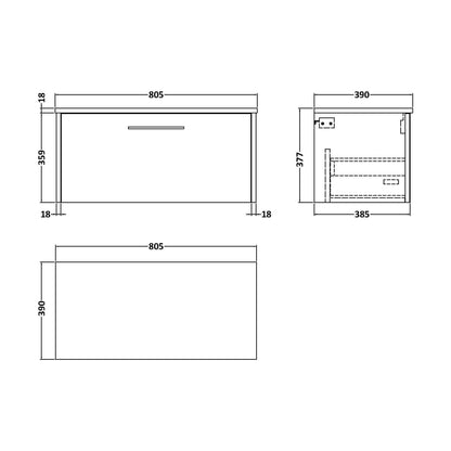[BFPF2225W] Winshill Contemporary 1 Drawer Wall Hung Vanity Unit with Worktop, Woodgrain Dark Grey, 800mm - Technical Drawing