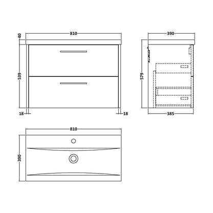 [BFPF2226A] Winshill Contemporary 2 Drawer Wall Hung Vanity Unit with Mid-Edge Basin, Woodgrain Dark Grey, 800mm - Technical Drawing