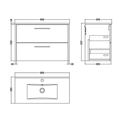 [BFPF2226B] Winshill Contemporary 2 Drawer Wall Hung Vanity Unit with Minimalist Basin, Woodgrain Dark Grey, 800mm - Technical Drawing