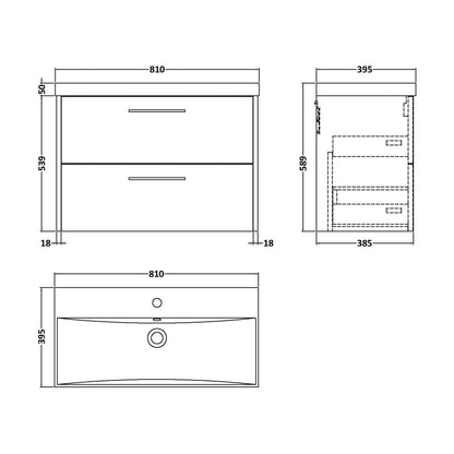 [BFPF2226D] Winshill Contemporary 2 Drawer Wall Hung Vanity Unit with Thin Edge Basin, Woodgrain Dark Grey, 800mm - Technical Drawing