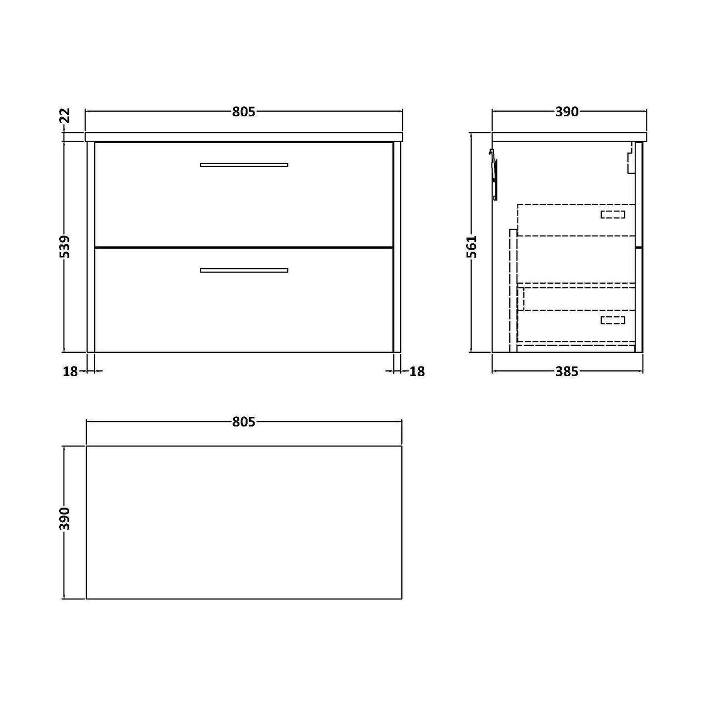 [BFPF2226LBG] Winshill Contemporary 2 Drawer Wall Hung Vanity Unit with Laminate Worktop, Woodgrain Dark Grey, 800mm - Technical Drawing