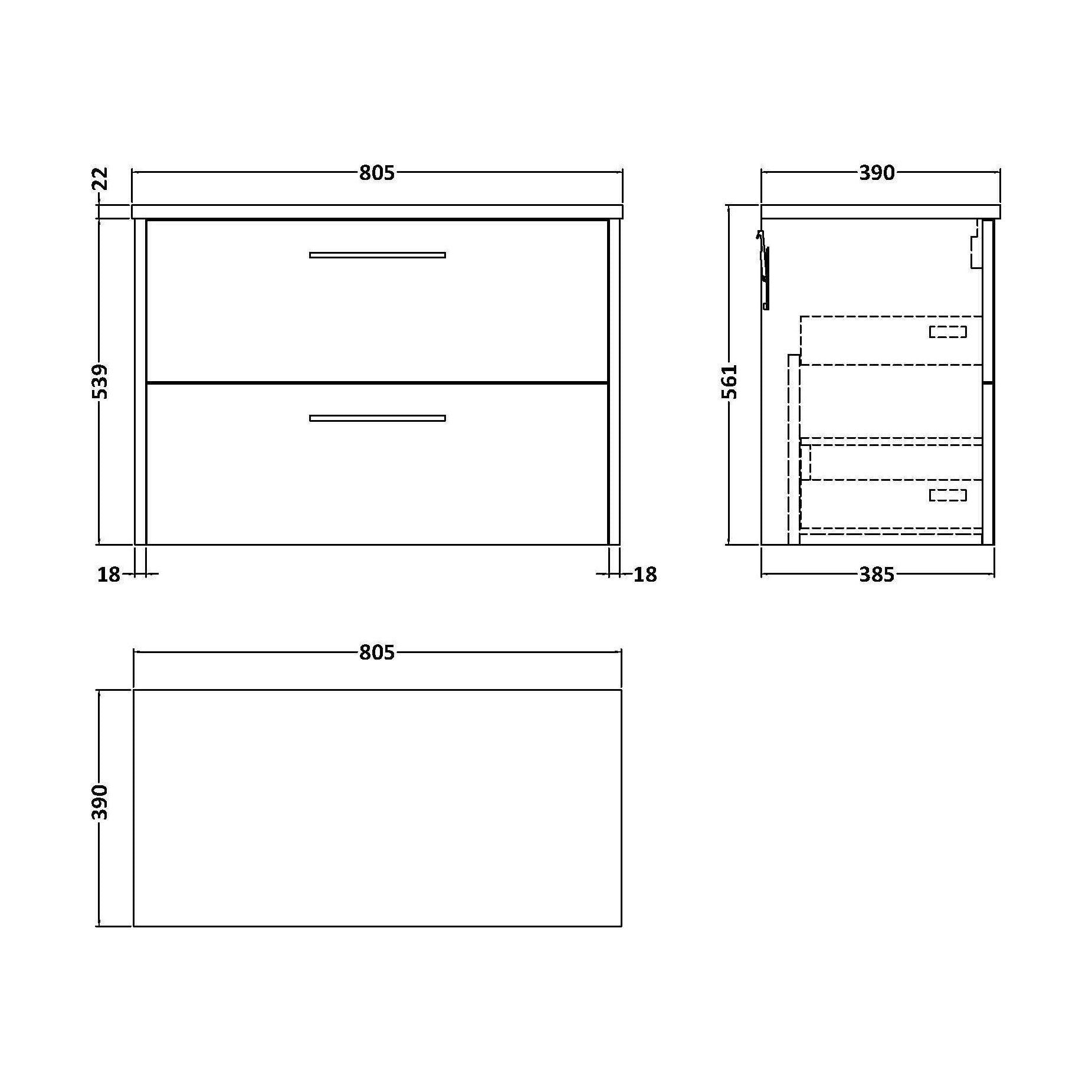 [BFPF2226LBG] Winshill Contemporary 2 Drawer Wall Hung Vanity Unit with Laminate Worktop, Woodgrain Dark Grey, 800mm - Technical Drawing
