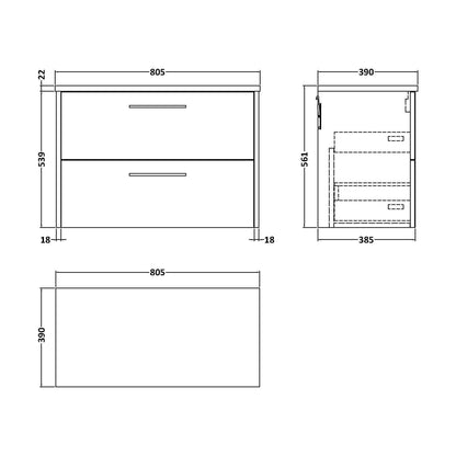 [BFPF2226LBG] Winshill Contemporary 2 Drawer Wall Hung Vanity Unit with Laminate Worktop, Woodgrain Dark Grey, 800mm - Technical Drawing
