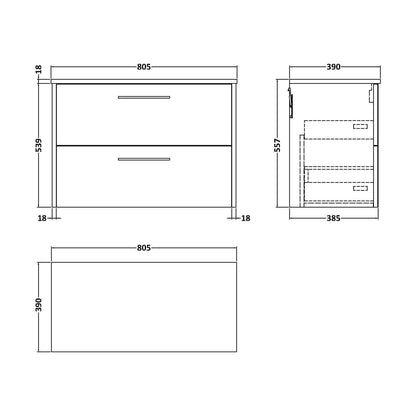 [BFPF2226W] Winshill Contemporary 2 Drawer Wall Hung Vanity Unit with Worktop, Woodgrain Dark Grey, 800mm - Technical Drawing