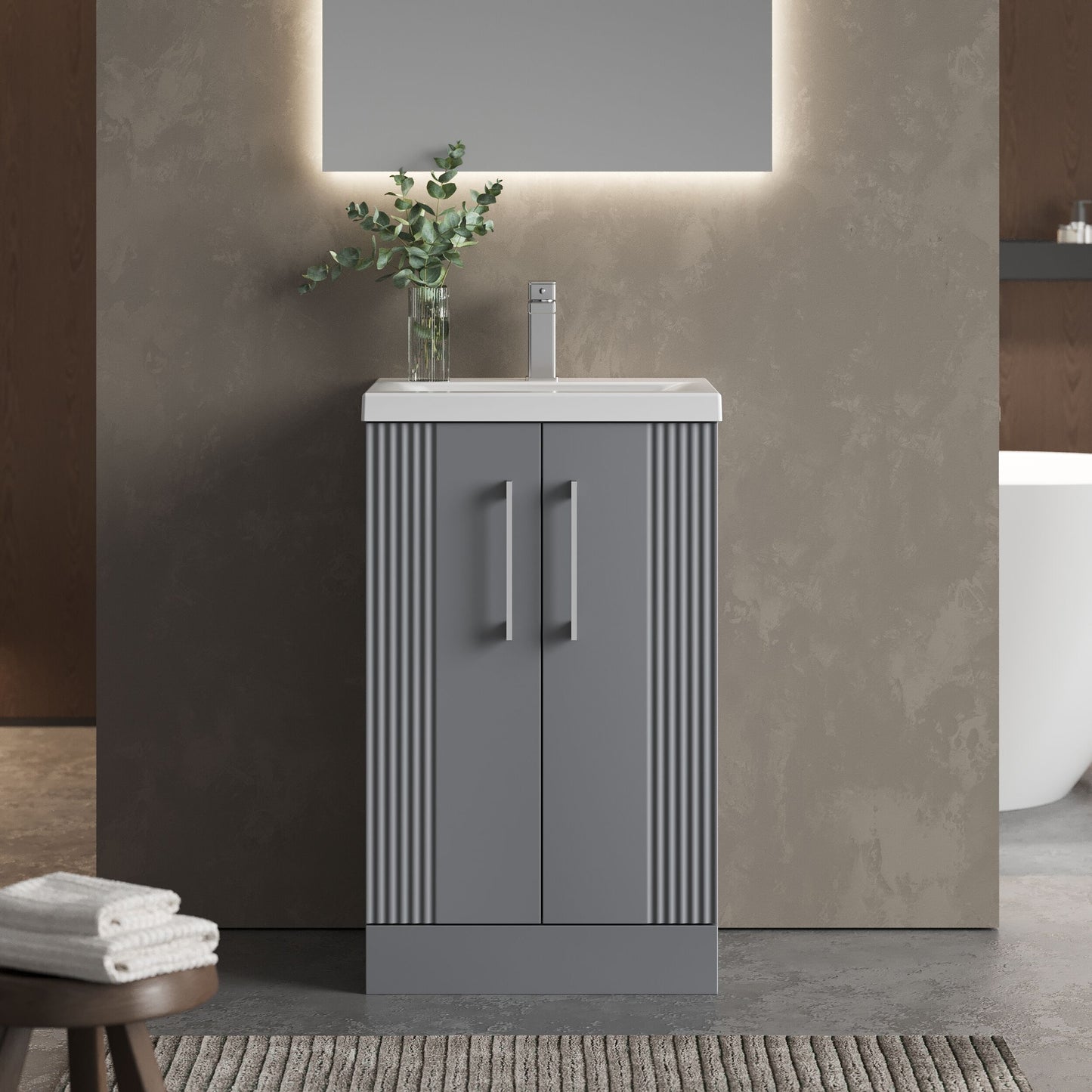 [BFPF223A] Belvide Partial Fluted 2 Door Floor Standing Vanity Unit with Mid-Edge 1 Tap Hole Ceramic Basin - Lifestyle 1