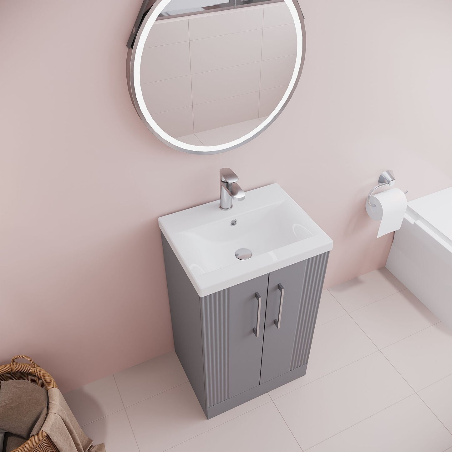 [BFPF223A] Belvide Partial Fluted 2 Door Floor Standing Vanity Unit with Mid-Edge 1 Tap Hole Ceramic Basin - Lifestyle 2