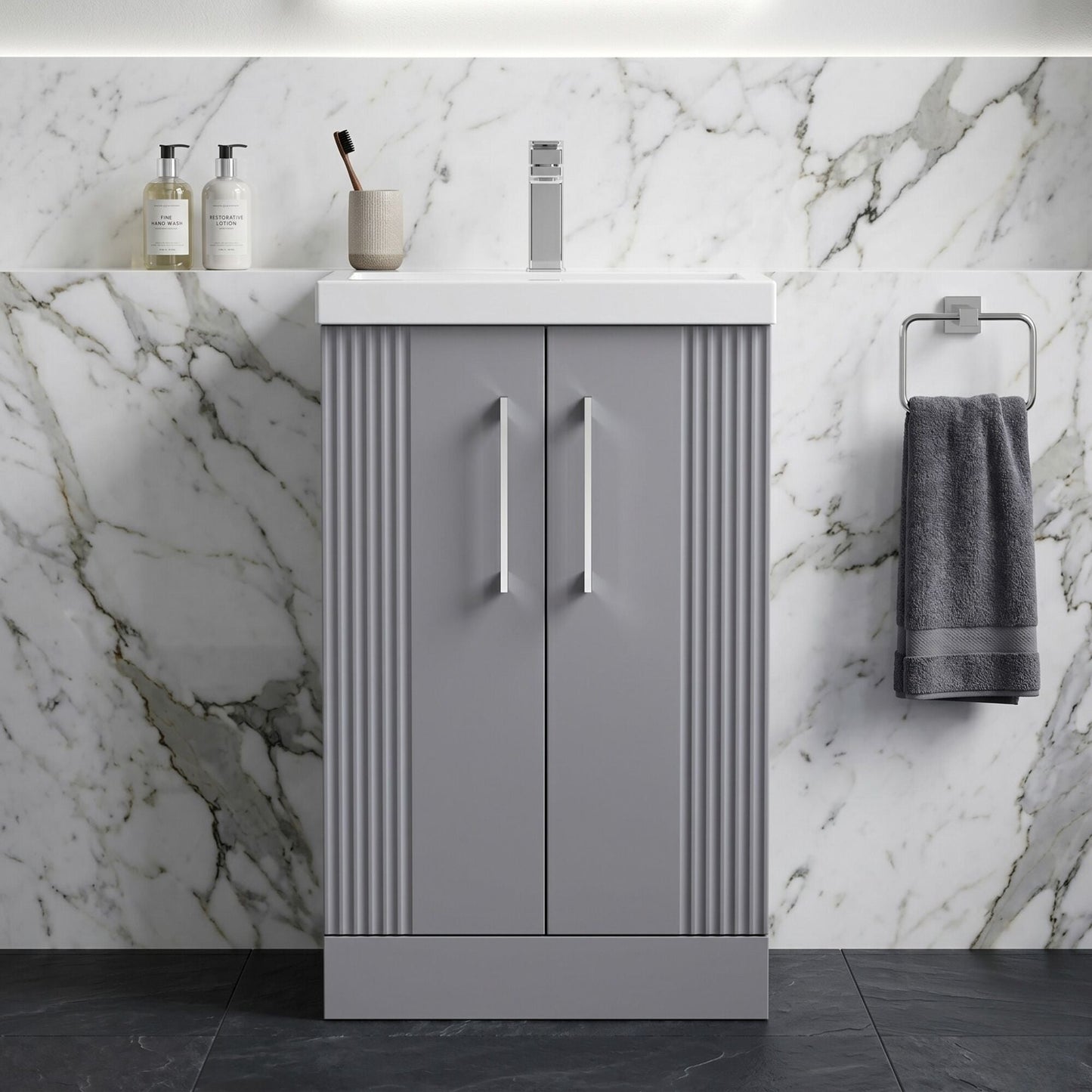 [BFPF223A] Belvide Partial Fluted 2 Door Floor Standing Vanity Unit with Mid-Edge 1 Tap Hole Ceramic Basin - Silo