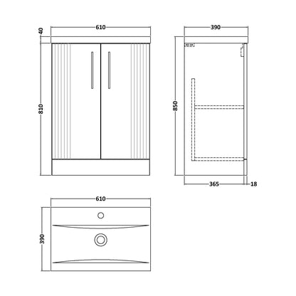 [BFPF225A] Belvide Partial Fluted 2 Door Floor Standing Vanity Unit with Mid-Edge 1 Tap Hole Ceramic Basin - Technical Drawing