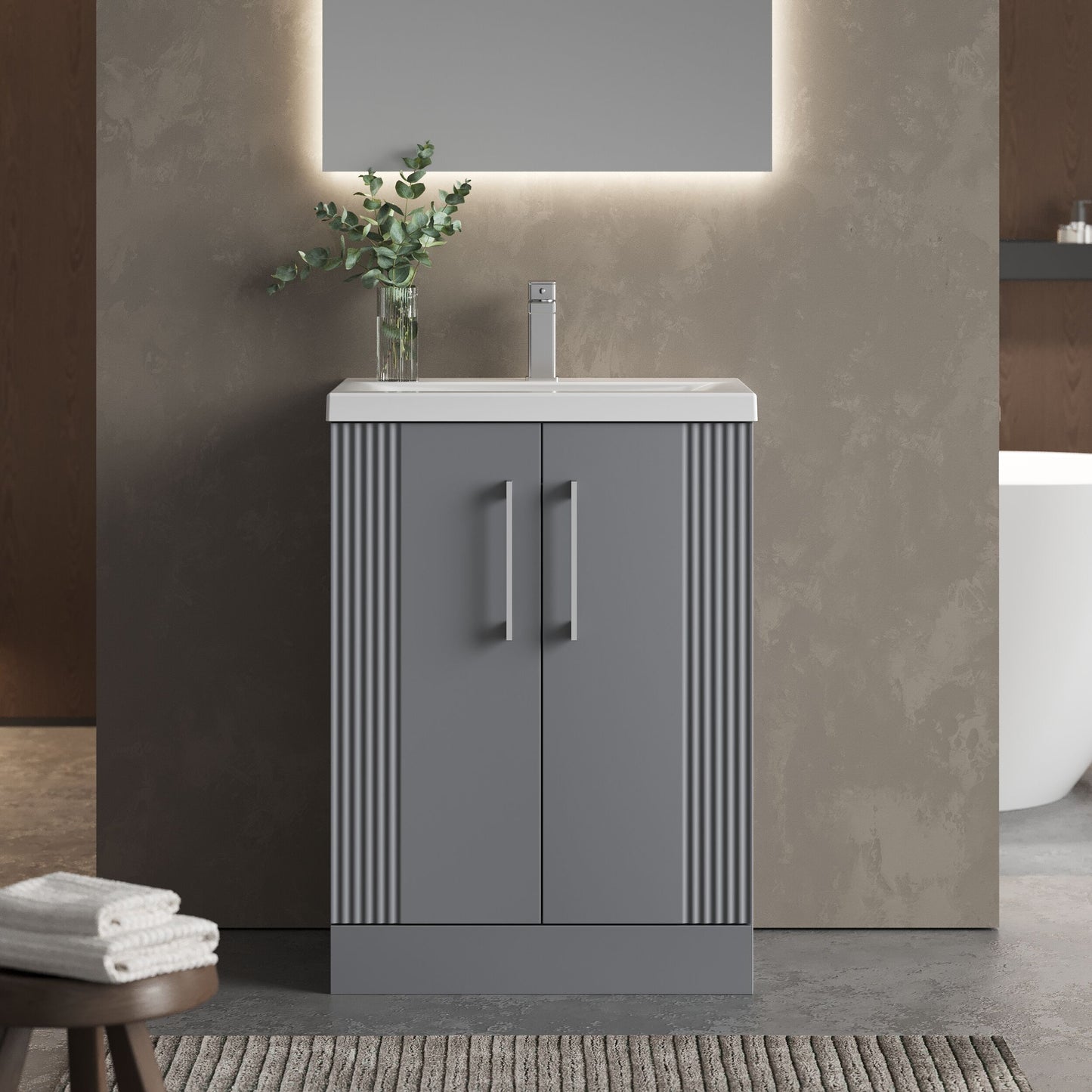 [BFPF225A] Belvide Partial Fluted 2 Door Floor Standing Vanity Unit with Mid-Edge 1 Tap Hole Ceramic Basin - Lifestyle 1