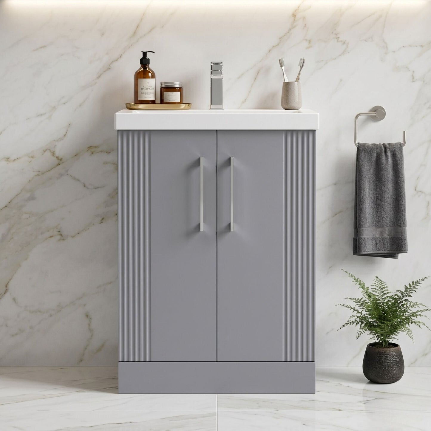[BFPF225A] Belvide Partial Fluted 2 Door Floor Standing Vanity Unit with Mid-Edge 1 Tap Hole Ceramic Basin - Silo