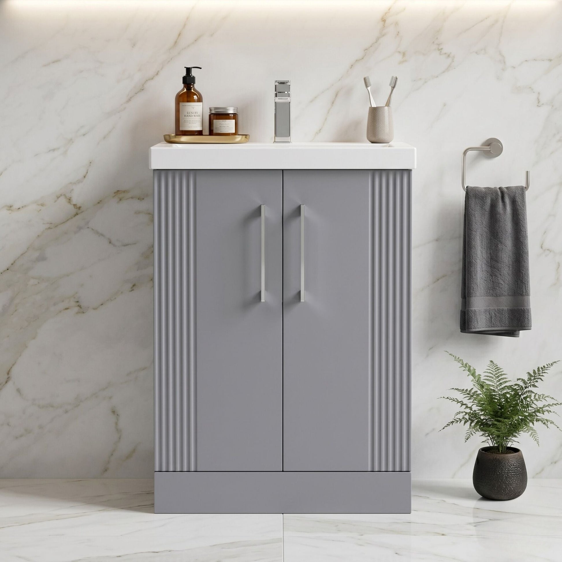 [BFPF225A] Belvide Partial Fluted 2 Door Floor Standing Vanity Unit with Mid-Edge 1 Tap Hole Ceramic Basin - Silo